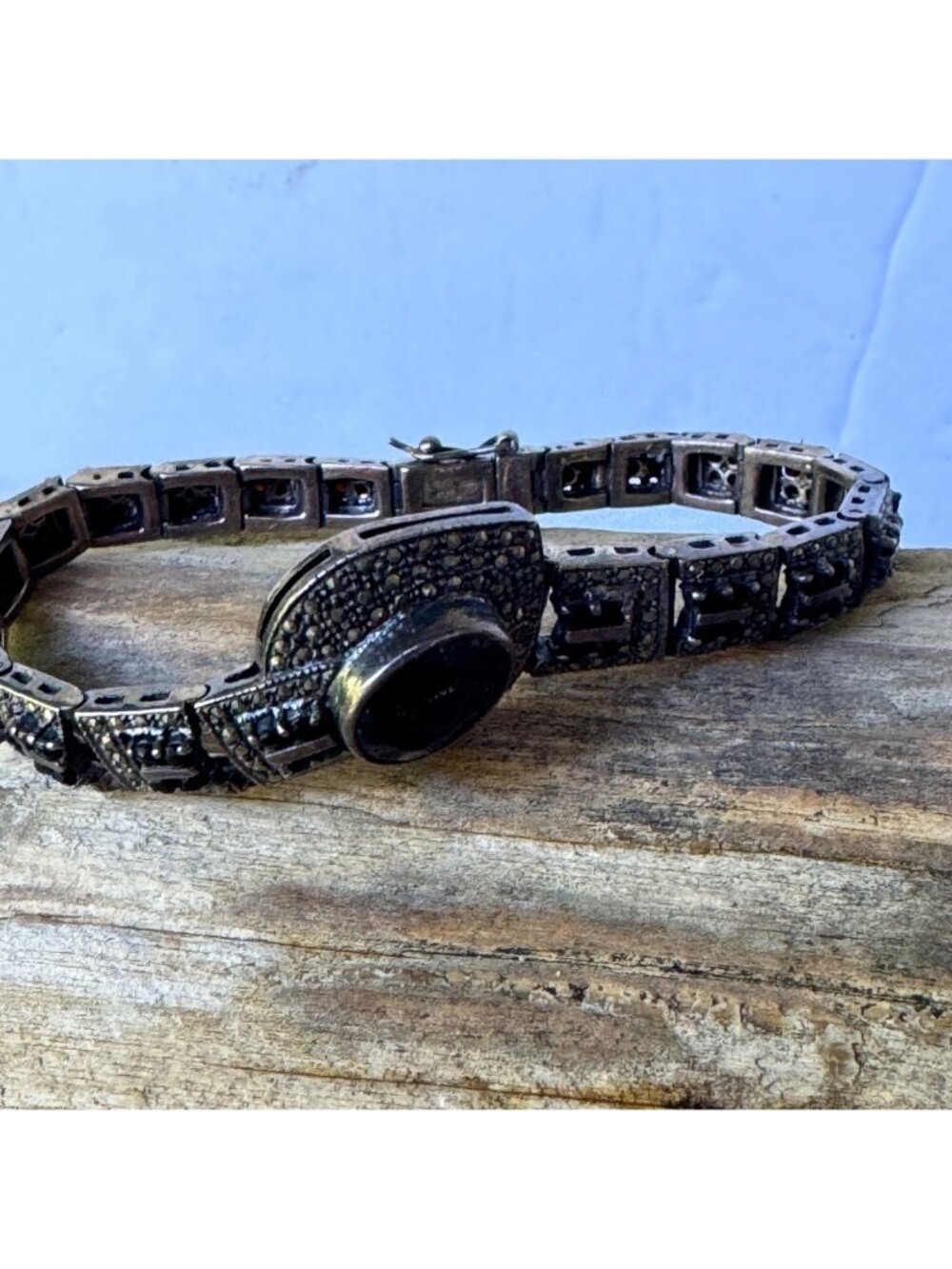 Vintage Sterling Silver Marcasite & Black Onyx Art Deco Bracelet 34.23g